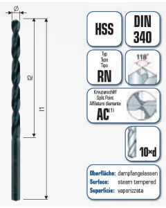 HSS Spiralbohrer lang Industriequalität mit Kreuzanschliff AC 501 in der 10er BOX